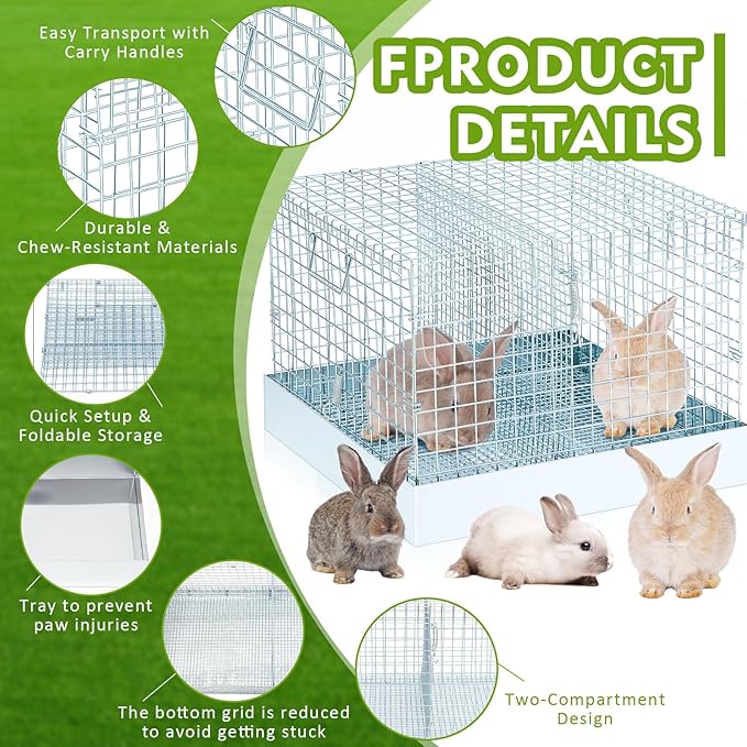 DoubleFill 2 Hole Folding Rabbit Transport Cage, Portable Bunny Carrier with Tray and Handles for Travel or Temporary Housing, Indoor Outdoor Pet Habitat Animal Enclosure(18 x 18 x 14 in)
