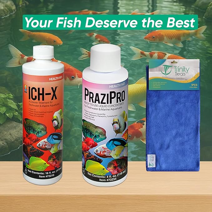 ICH X 16 fl oz, PraziPro 4 fl oz for Freshwater, Including Trinity Treats Microfiber Cleaning Cloth (ICH X for Freshwater Fish, PraziPro for Fish)