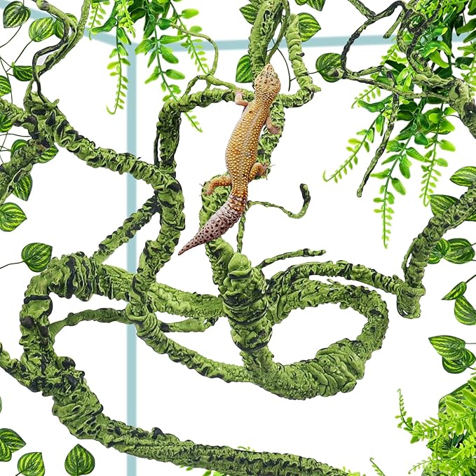 QUOZUO Bearded Dragon Tank Accessories, Terrarium Hanging Plant Vines Artificial Leaves Reptile Hide, Bridge Jungle Climber Reptile Vines for Snakes Bearded Dragon Chameleon Gecko Lizard