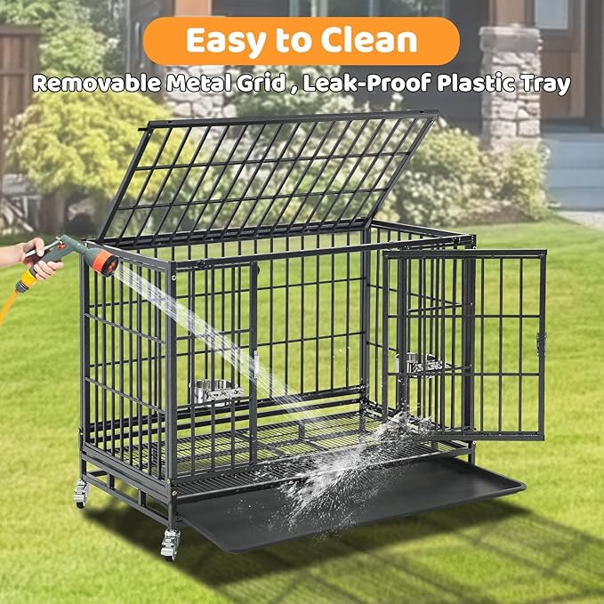 Homey Pet Three Tiers 37 Inch Dog Crate, Escape Proof Dog Cage Kennel Indoor with Top Access and Lockable Wheels, Removable Tray, Heavy Duty Dog Crates for Medium/Small Dogs