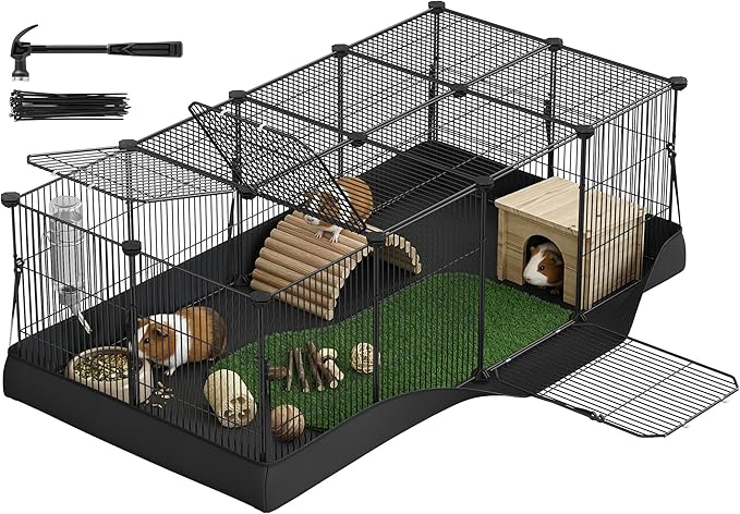SONGMICS Guinea Pig Cage, Rabbit Cage, Small Animal Playpen with Waterproof Mat, Top and Side Door, 20 Panels, 48.4 x 24.8 x 16.3 Inches, Ink Black ULPI012BH01