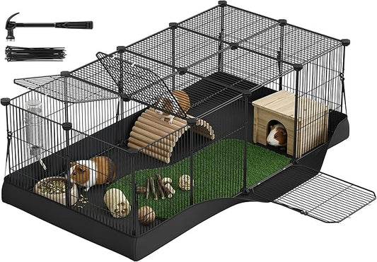 SONGMICS Guinea Pig Cage, Rabbit Cage, Small Animal Playpen with Waterproof Mat, Top and Side Door, 20 Panels, 48.4 x 24.8 x 16.3 Inches, Ink Black ULPI012BH01