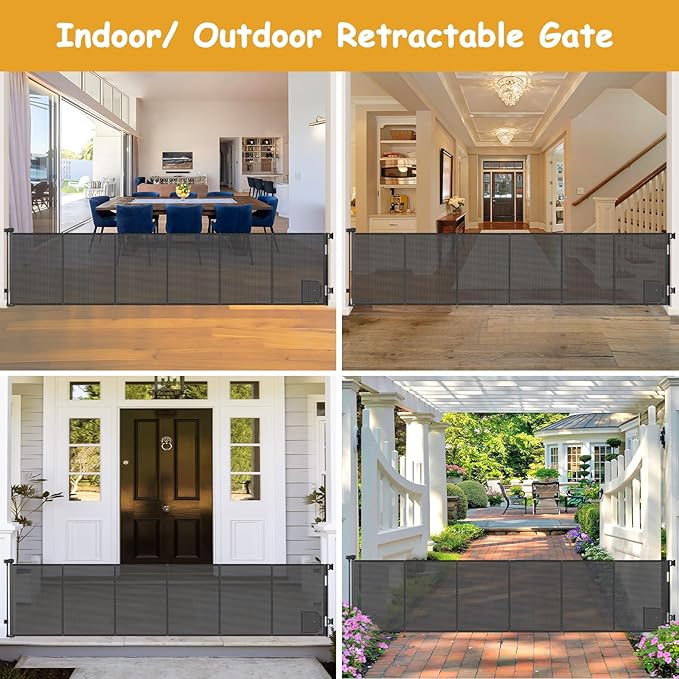Reinforced 150” Extra Wide Retractable Baby Gate with Cat Door 12.5ft Outdoor Pet Gates for Wide Openings 37 Inch Tall Retractable Dog Gates for Doorways Long Pet Gate Indoor with Cat Door, Black