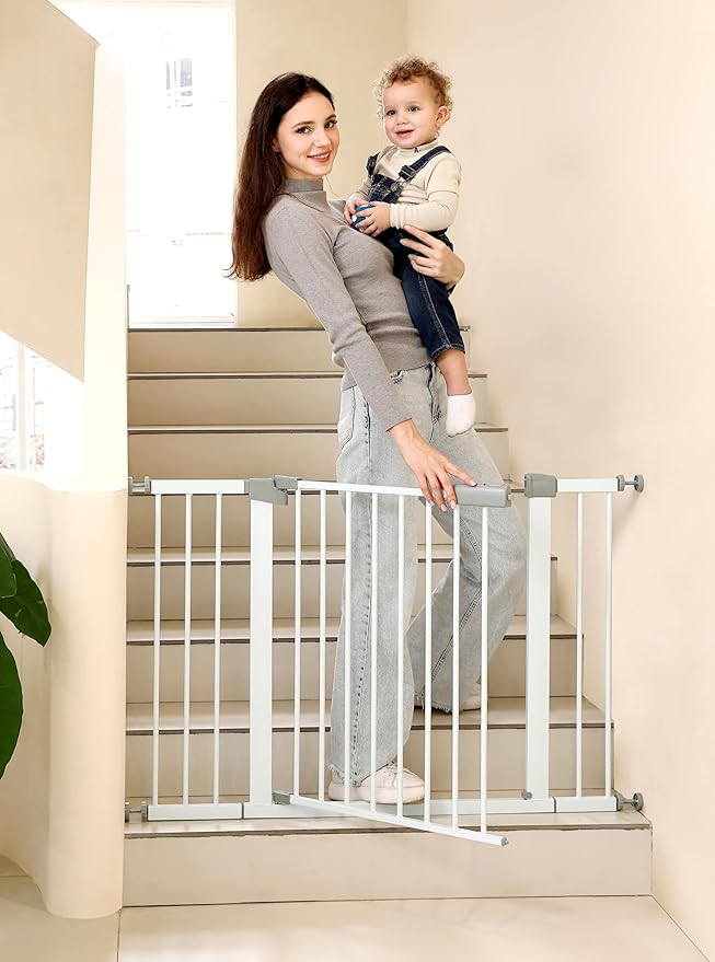 44.72"-46.89" Baby and Pet Safety Gate, 30" Tall Metal Walk-Thru Gate for Doorways & Stairs, Easy One-Hand Open, Dual Lock, Extensions & Wall Mounts Included (White, 29"-46" W x 30.5“H)