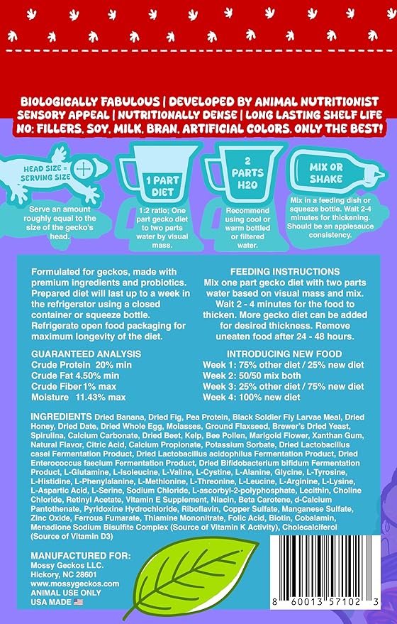 Complete Gecko Diet for Fruit and Insect Eating Geckos, 2 oz & 16 oz, with Human-Grade Dried Fruit, Probiotics and Vitamins (16 oz, Fig Date Night - Fig, Date & Banana)
