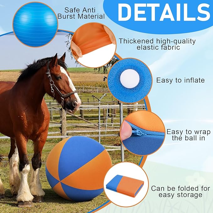 40 Inch Giant Herding Ball with Ball Cover Anti Burst Please Watch VCR for How to Inflation Horse Toys for Horses Entertainment Play, Pump Included(Cute, Blue, Orange)