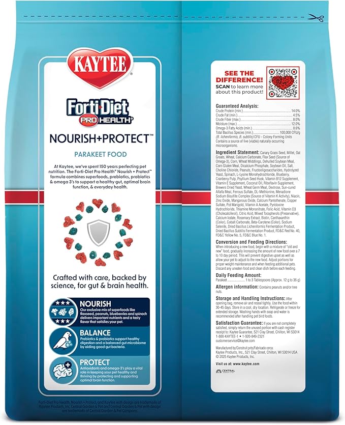 Kaytee Forti-Diet Pro Health Nourish+Protect Parakeet Food, Comprehensive Nutrition Backed by Science, Digestive Health, Immune Support, 4 pounds