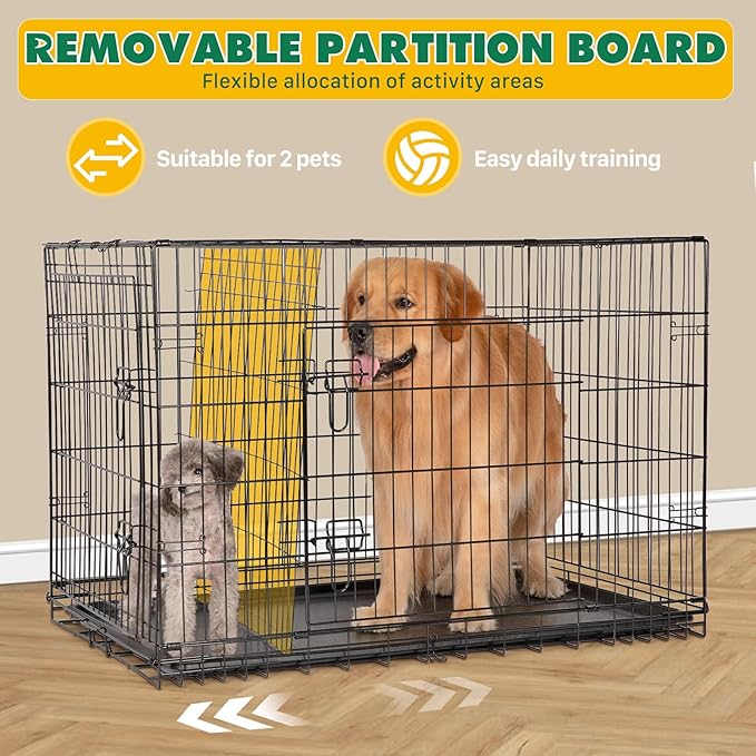 DUMOS Dog Crate, 42 Inch Large Double Door Dog Cage with Plastic Leak-Proof Pan Tray, Folding Medium Size Metal Wire Pet Kennel for Indoor, Outdoor, Travel