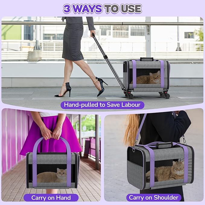 Cat Carrier on Wheels Airline Approved: Betopet Rolling Cat Carrier for Small Dog Medium Cat Under 18lbs - Cat Soft Carrier Pet Travel Bag TSA Approved Under Seat for Airplane Transport Flight