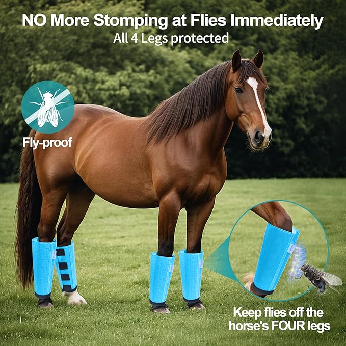 Mesh Horse Fly Boots Set of 4, Loose Fitting Leggings for Horses, Reduce Stressful Stomping, Breathable Adjustable and Universal Fit for 4 Legs, Reliable Stay Put (Sky Blue)