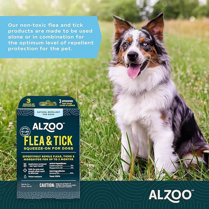 ALZOO Plant Based Flea & Tick Squeeze-On for Dogs, Helps Repel Fleas, Ticks & Mosquitos, Up to 3-Months Protection, Plant-Based Active Ingredients, Water-Resistant, 3 EZ-On Applicators Per Pack