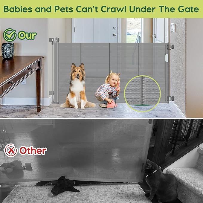Reinforced 55" Wide Retractable Dog Gate with Support Rods, 33" Tall Retractable Baby Gate for Dogs, No Sag and Wrinkle Mesh Child Gates for Doorways, Indoor Pet Barrier Stair Gates for Kids, Gray