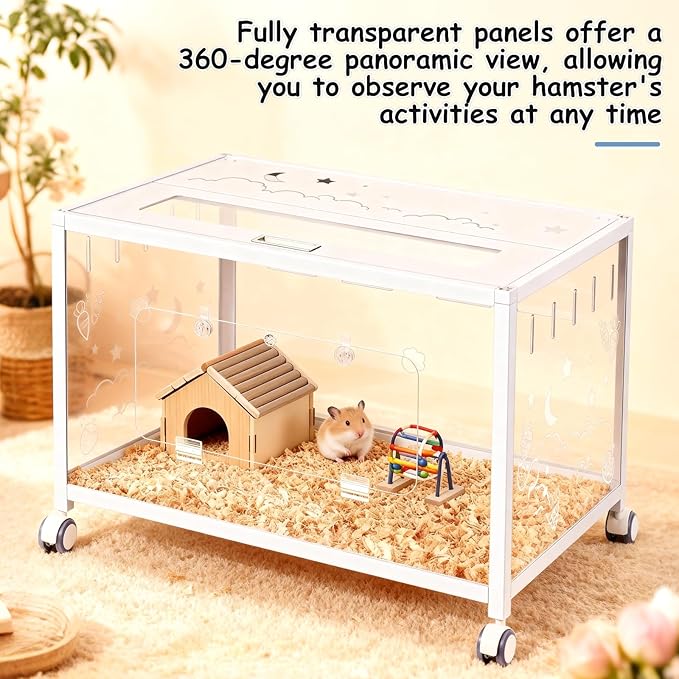 Large Hamster Cage Guinea Pig Cage Habitat, Metal Frame with Acrylic Transparent Viewing, Small Pet House Habitat for Small Animal Dwarf Syrian Hamster Hedgehog Gerbil