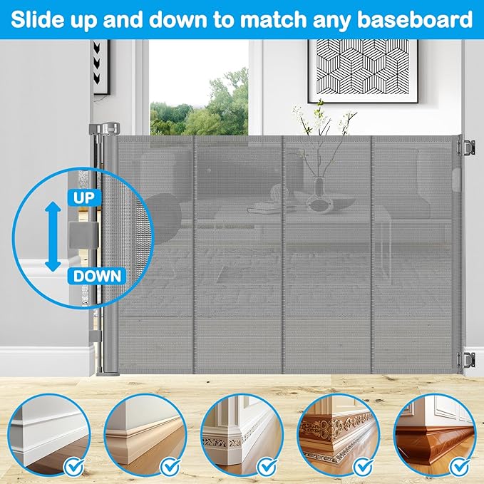 42 Inch High Retractable Baby Gates Extra Tall Retractable Pet Gate with Reinforced Strips 55 Inch Wide No Sag Mesh Baby Gate for Stairs Anti-Scratch Extra Tall Dog Gates for Doorways, Gray