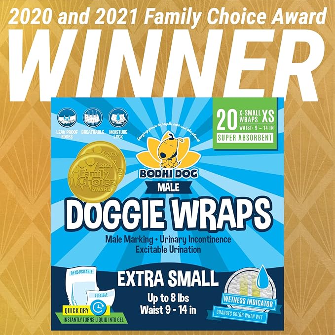 Bodhi Dog Disposable Male Dog Diapers - Super Absorbent, Leak-Proof Pee Wraps - Adjustable Fit, Comfortable Design, Advanced Moisture Control, and Wetness Indicator - Extra Small (20 Count)