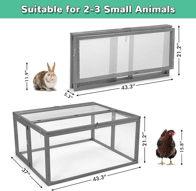 COZIWOW Chicken Coop Run Rabbit Hutch, Portable Chicken Cage Pens with Top & Side Opening Doors, Folding Wooden Chicken Coop, Outdoor Indoor Small Animal Playpen, Chicken Brooder Box, 43.3Inch (Grey)