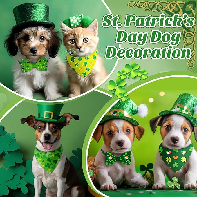 Sanwuta 50 Pcs St. Patrick's Day Dog Bandanas and Collar Bow Ties Set 25 Bandanas Bulk 25 Irish Shamrocks Clover Leprechauns Dog Collar Flower Adjustable Triangle Scarf Bowtie for Small Medium Large