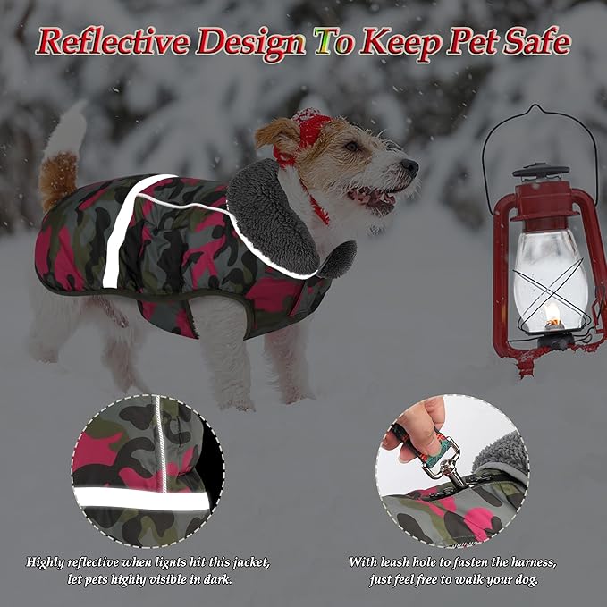 Dogcheer Warm Dog Coat, Waterproof Dog Jacket Reflective Adjustable Puppy Winter Coat with Buckle, Christmas Pet Snow Jacket Turtleneck Fleece Sweater for Small Medium Large Dogs - Camo Pink, M