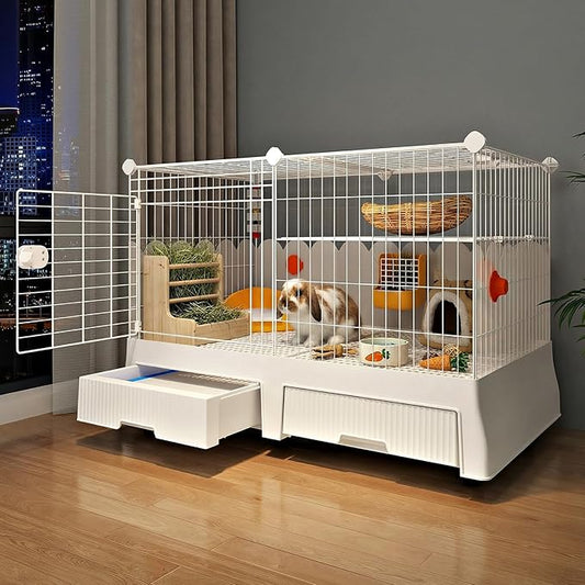 Oneluck Large Rabbit Cage Indoor,Loft Bunny Hutch with Rasied Urine-Proof Walls, Leak-Proof Trays, Wheels,37" L x22 W x 30" H for Rabbits, Chinchillas, Guinea Pig and Small Animals