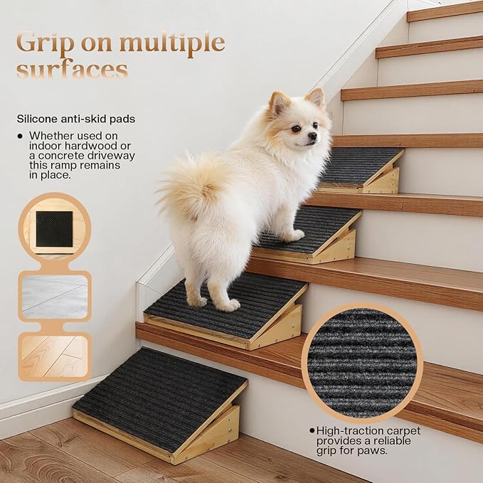 Adjustable Dog Ramp for Stairs with 3 Heights, Anti-Slip Small Dog Ramp for Indoor & Outdoor, Solid Wood Pet Steps for Small/Senior/Injured Dogs, Gentle Slop Ramp for Stairs with Carpet Surface