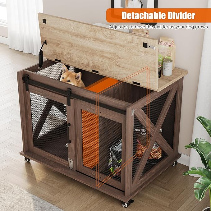 GarveeLife 37" Dog Crate Furniture, Side End Table, Farmhouse Dog Crate with Sliding Barn Door, Flip Top Wooden Dog Kennel with Wheels and Movable Divider, Indoor Dog Cage House for Medium Dogs