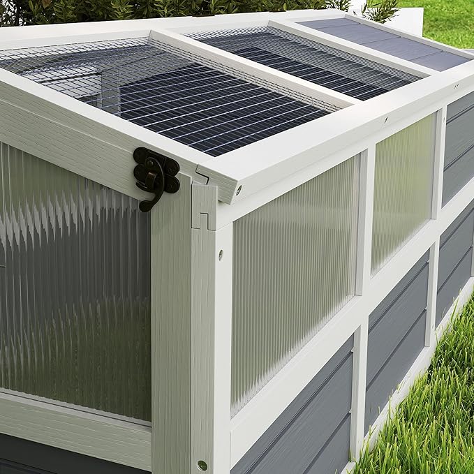 PawHut Tortoise Habitat, Wooden Outdoor Tortoise Enclosure with Doors, PC Sun Panel Windows, Bottomless Design Tortoise House for Small Animals, Rabbits, Light Gray