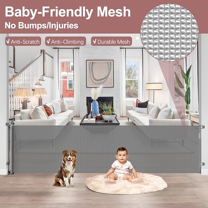 85 Inch Retractable Baby Gates Extra Wide Retractable Dog Gate for Wide Openings Indoor Outdoor Retractable Gate Mesh Dog Gates for The House Extra Wide Baby Gate Retractable Gates for Dogs, Gray