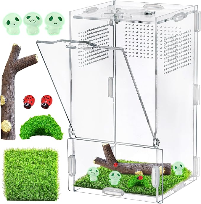 VERTUPET 4''x4''x8'' Jumping Spider Enclosure with Accessories, Acrylic Arboreal Reptile Tank with Resin Branch, Glow Fairies, Hideout & Artificial Grass Mat, Reptile Habitat Box for Spiders