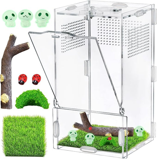 VERTUPET 4''x4''x8'' Jumping Spider Enclosure with Accessories, Acrylic Arboreal Reptile Tank with Resin Branch, Glow Fairies, Hideout & Artificial Grass Mat, Reptile Habitat Box for Spiders