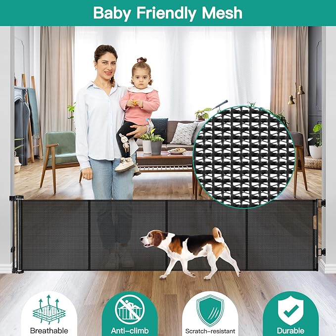 24 Inch Tall x 75 Inch Extra Wide Retractable Dog Gate for The House, Short Dog Gate to Step Over, Reinforced Mesh Puppy Gate for Doorways, Step Over Pet Gate for Stairs, Indoor/Outdoor, Black