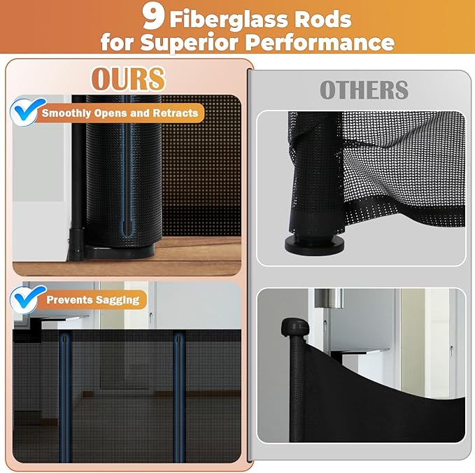 275" Retractable Baby Gates Dog Gate Extra Wide, 52" Tall Child Pet Safety Gate with Reinforced Strips for Stairs, Long Mesh Garage Gates Fence for Outdoor Indoor Large Openings Driveway Decks Patio