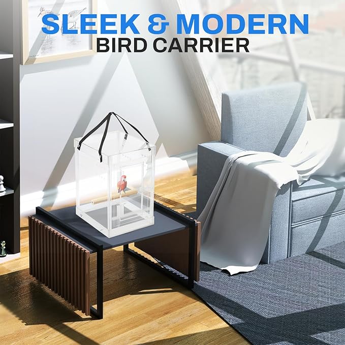PENNZONI Medium Bird Carrier Display Case, Crystal Clear Acrylic Bird Travel Cage with Feeder Bowls