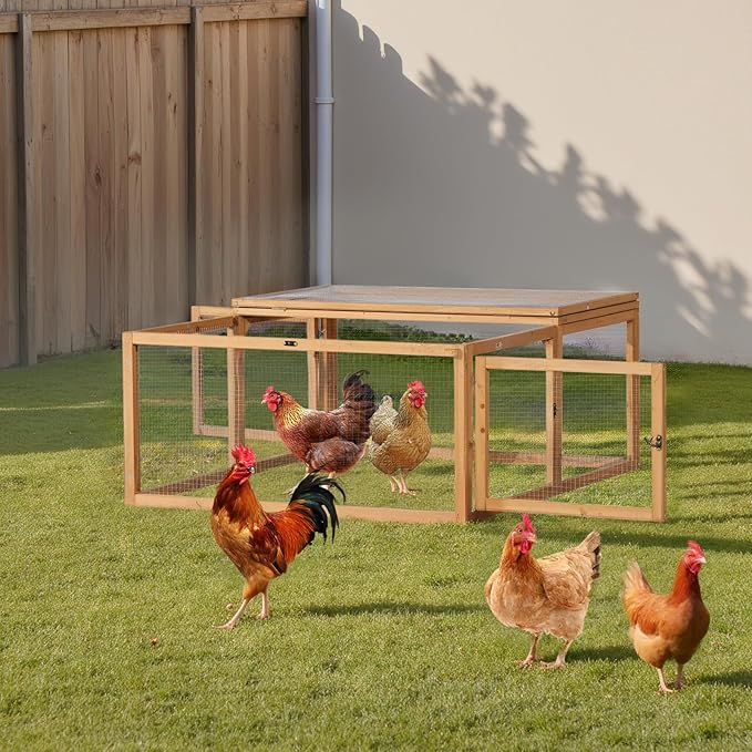 Chicken Coop Run, Rabbit Hutch, Portable Wooden Bunny Cage for Indoor/Outdoor, Small Pet Animal House with 3 Doors Openable, 47'', Natural Color (S)