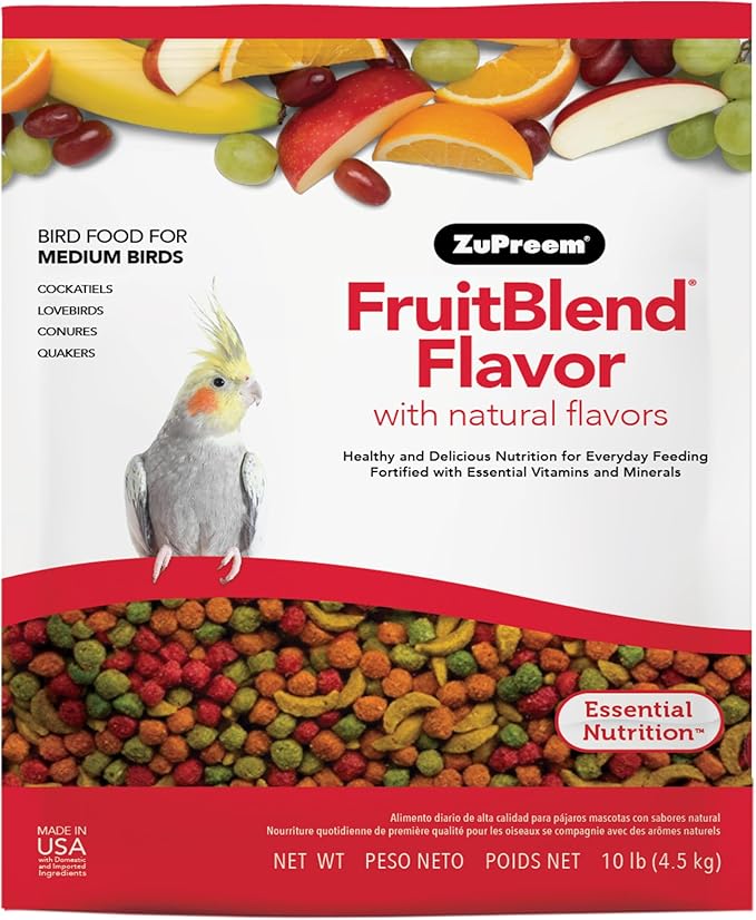 ZuPreem FruitBlend Bird Food, Bird Feed Pellets for Cockatiel, Lovebird, Quaker, Small Conure, Lorikeet, ZuPreem Core Nutrition with Natural Fruit, Cockatiel Food, Conure Feed, (Medium, 10 lb Bag)