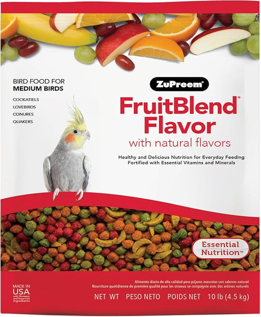 ZuPreem FruitBlend Bird Food, Bird Feed Pellets for Cockatiel, Lovebird, Quaker, Small Conure, Lorikeet, ZuPreem Core Nutrition with Natural Fruit, Cockatiel Food, Conure Feed, (Medium, 10 lb Bag)