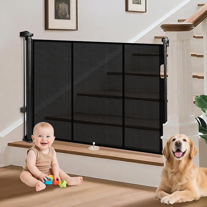 Retractable Baby Gates for Stairs, 55" Wide Retractable Dog Gate Pet Gate, 34" Extra Tall Child Safety Gate Toddler Mesh Gate with Support Rods for Doorways, Hallways, Deck, Porch, Indoor, Outdoor