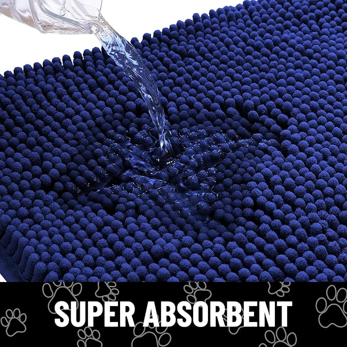 Smiry Dog Door Mat for Muddy Paws, Absorbent Dirt Trapper Non Slip Quick Dry Washable Chenille Mat for Mud Dogs, Entry Rug for Indoor and Outdoor (70x24 Inches, Navy Blue and White)
