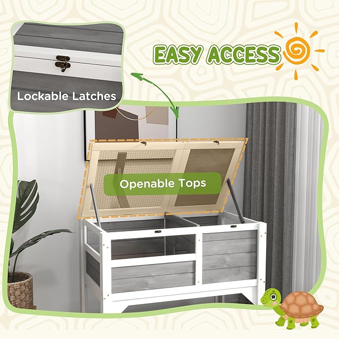 PawHut Tortoise Habitat with Shelf Storage, Tortoise Enclosure with Weather Protection, Reptile Gift Accessory, Reptile Enclosure with Tray, Light Support Frame, Light Gray