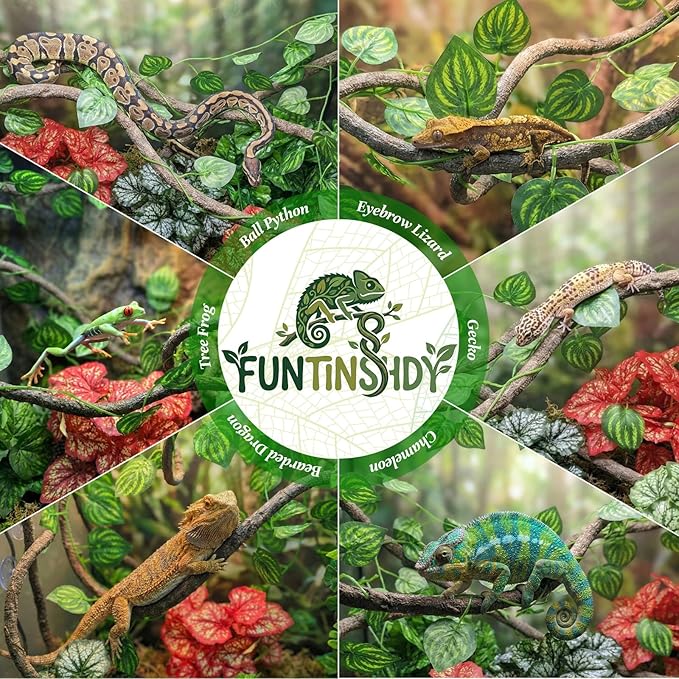5 Pc Reptile Plants & Habitat Decor Kit - 3 Artificial Plants & Large 3.3ft Jungle Vine Branch, Amphibian Habitat Hideout Decor Accessories for Crested Gecko, Bearded Dragon, Lizard, Snake,Hermit Crab
