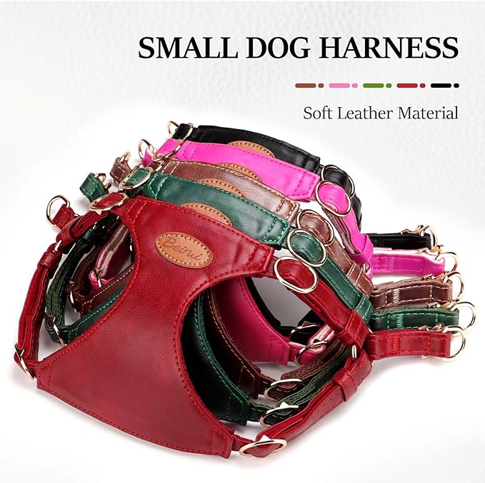 Beirui ‌Stylish PU Leather Dog Harness‌ and Leash Set for Small Dogs, ‌Adjustable Step in Puppy Harness with Breathable Mesh Lining and Durable Metal Buckle for Walking Traveling(Hot Pink,XS)