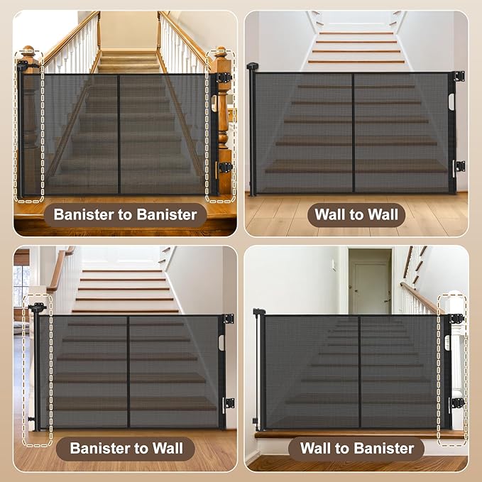 Upgraded Retractable Baby Gates for Stairs & Banister, Mesh Dog Gate Indoor, Extends to 55" Wide 33" Tall, Child Safety Gate for Stairway, Banister & Wall Mount (Black)