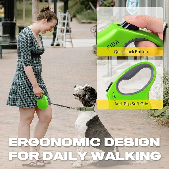 Fida Retractable Dog Leash, 16ft Heavy Duty Pet Walking Leash for Large Dog up to 110 lbs, Tangle Free. One-Hand Brake (Large, Green)