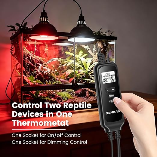 2 in 1 Reptile Dimming Thermostat with 2 Socket for Timer & Heating Control, Thermostat for Reptile Heat Lamp Heat Pad, PID Temperature Controller, Memory Function (Model: PT02T)