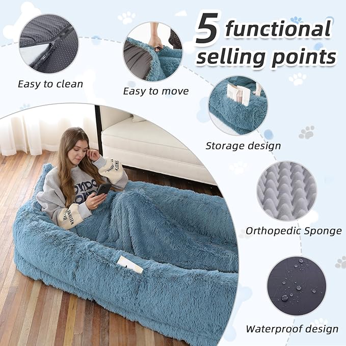 Human Dog Bed, 71''x45''x12'' Size Fits You and Pets, Washable Faux Fur Pet Bed for People Doze Off, Napping Orthopedic Dog Bed, Present Plump Pillow, Blanket, Strap - Navy