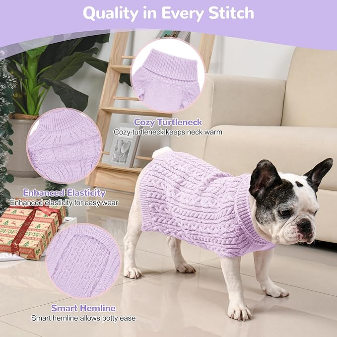 2 Pack Dog Sweaters for Medium Dogs Winter Turtleneck Pullover Cable Knit Fleece Stretch Frenchie Dachshund Pug Corgi Beagle Boy Girl Pet Clothes (M, Pink & Purple)