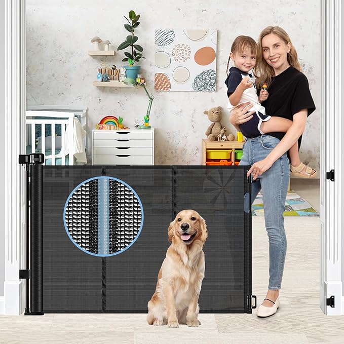 Reinforced Retractable Baby Gates with Support Rods, Extends up to 55” Wide, Retractable Dog Gate for Doorways Prevent Bottom Crawling Through, Mesh Pet Gate for Stairs Indoor Outdoor, Black