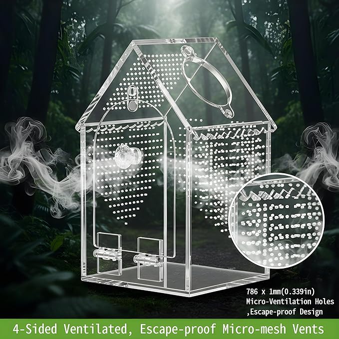 Jumping Spider Enclosure (5" *5" *8") Warp-Proof Seamless Acrylic Tarantula Terrarium with Magnetic Door & Feeding Hatch for Praying Mantis,Snail,Hermit Crabs,Reptile(Includes Decorative Accents)