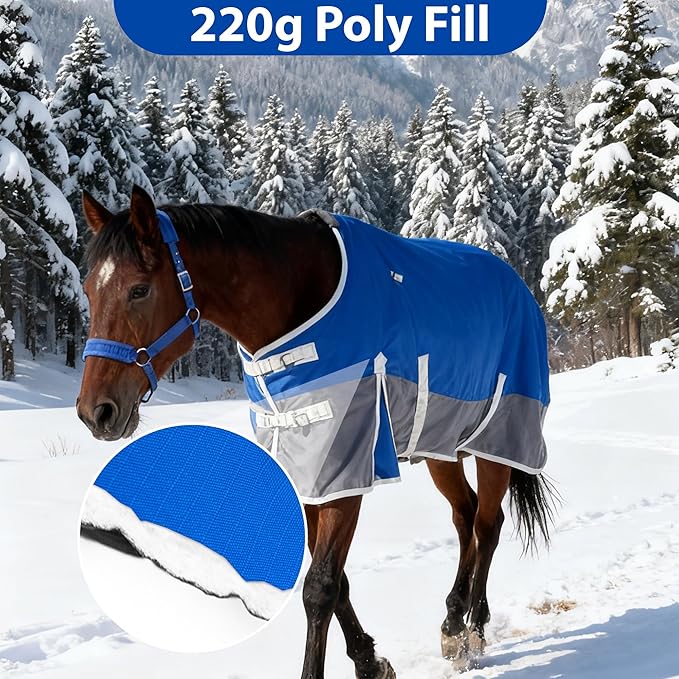 Horse Blanket for Winter, Waterproof, 1200D, 220g (Blue/Gray, 72 in)