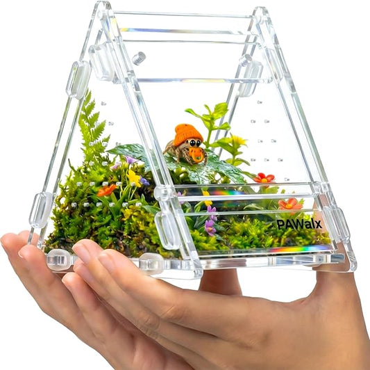 Triangular Jumping Spider Enclosure, Acrylic Terrarium with Magnetic Doors, 0.8mm Micro-Ventilation& Escape-Proof Design for Tarantulas, Lizards, Small Pets, 3.5”x3.5”x3.5”