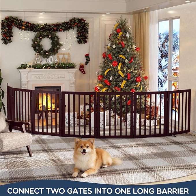 Homykic Bamboo Freestanding Dog Gate, No Assembly Pet Gate Indoor, 24”H x 75”W Extra Wide Foldable Puppy Fence with Support Feet for the House, Doorways Stairs, 4 Panels, No Drilling, Espresso